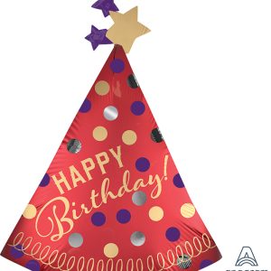 36" Jumbo Happy Birthday Red Satin Party Hat Foil Balloon