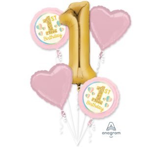 Metallic Gold & Pink 1st Birthday Balloon Bouquet 5pc